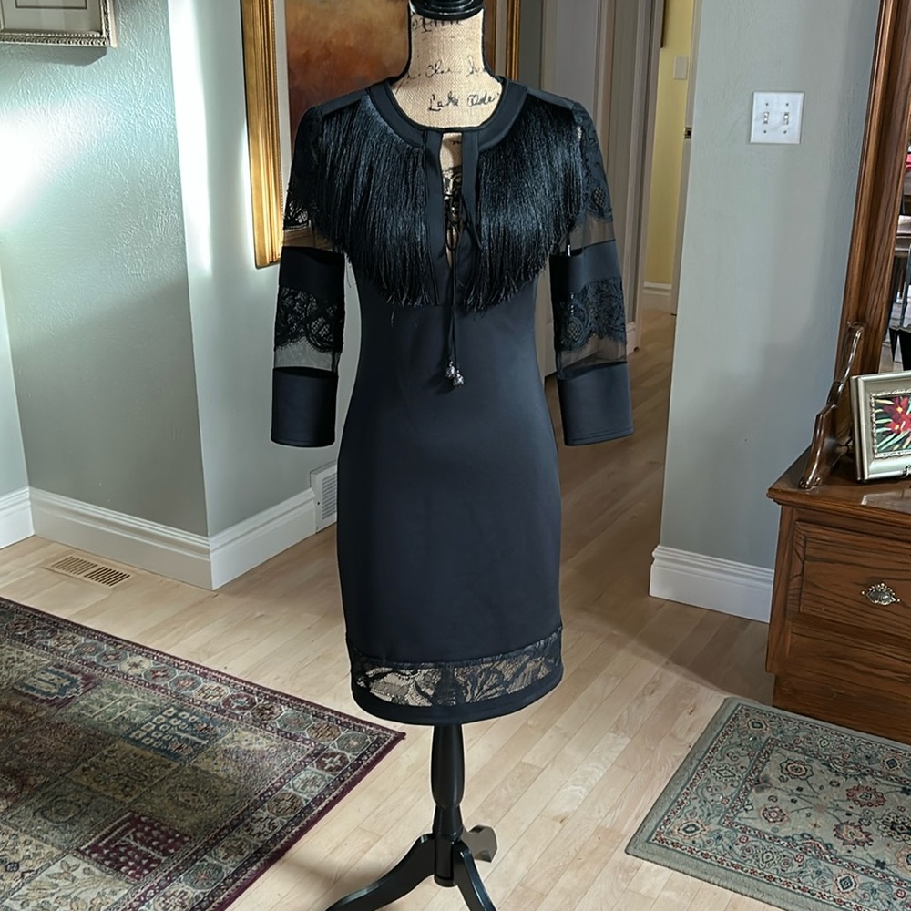 Tadashi Shoij Black Lace Cocktail Dress(Fringe Accent. XS